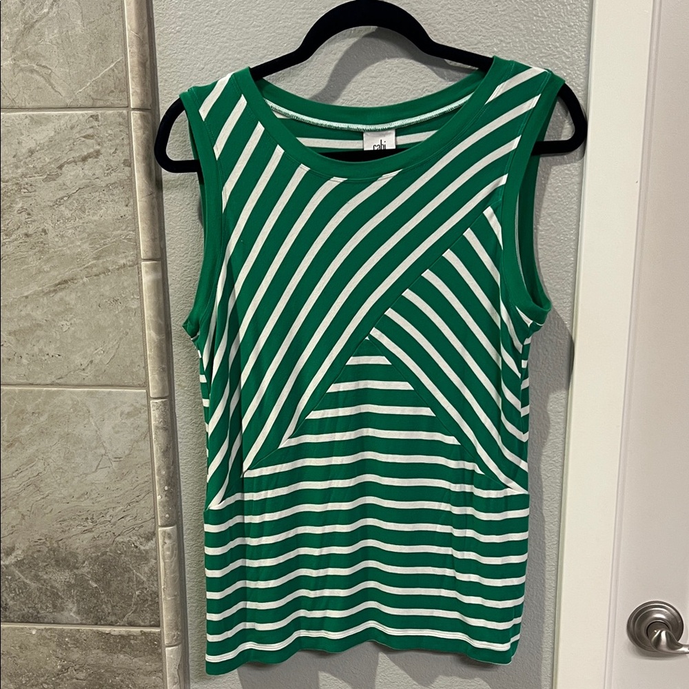 CAbi Green and White Diagonal Striped Tank Top